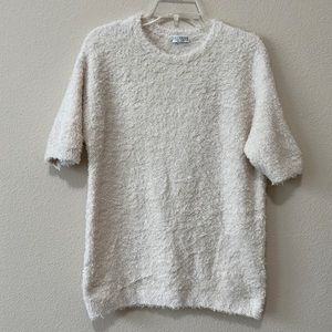 Brunello Cucinelli XL Beige Stretchy Crewneck Short Sleeve Pullover Eyelash Top
